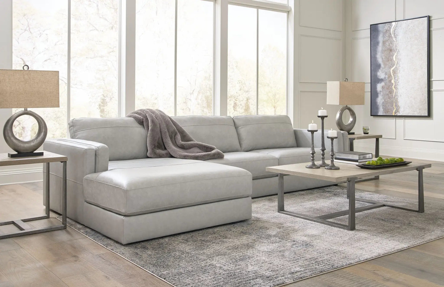 Amiata Sectional sofa by Unique Piece Furniture in light gray upholstery, stationary on Tampa Home & Garden Store