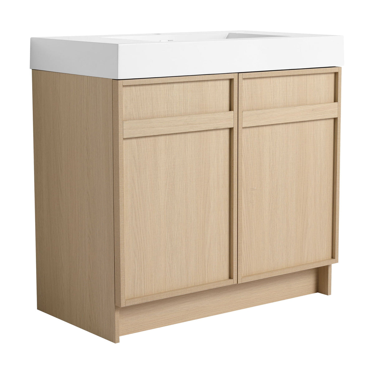 Freestanding bathroom vanity with white resin sink atop natural oak two-door cabinet soft close on Tampa Home & Garden Store