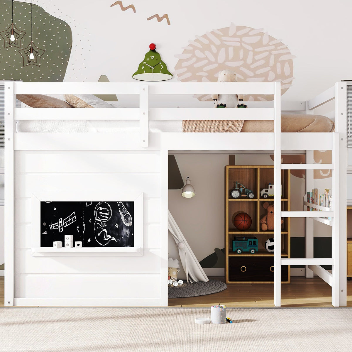 Twin size loft bed with white frame, sliding chalkboard and built-in bookshelf beneath on Tampa Home & Garden Store