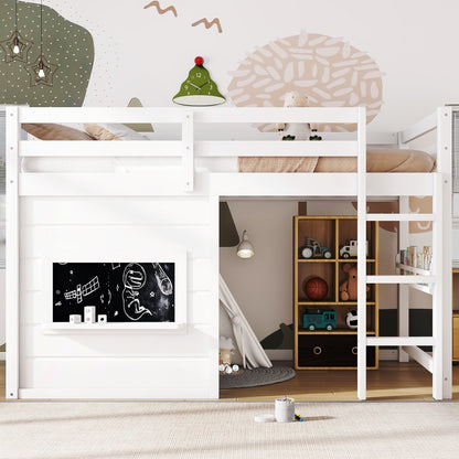 Twin size loft bed with white frame, sliding chalkboard and built-in bookshelf beneath on Tampa Home & Garden Store