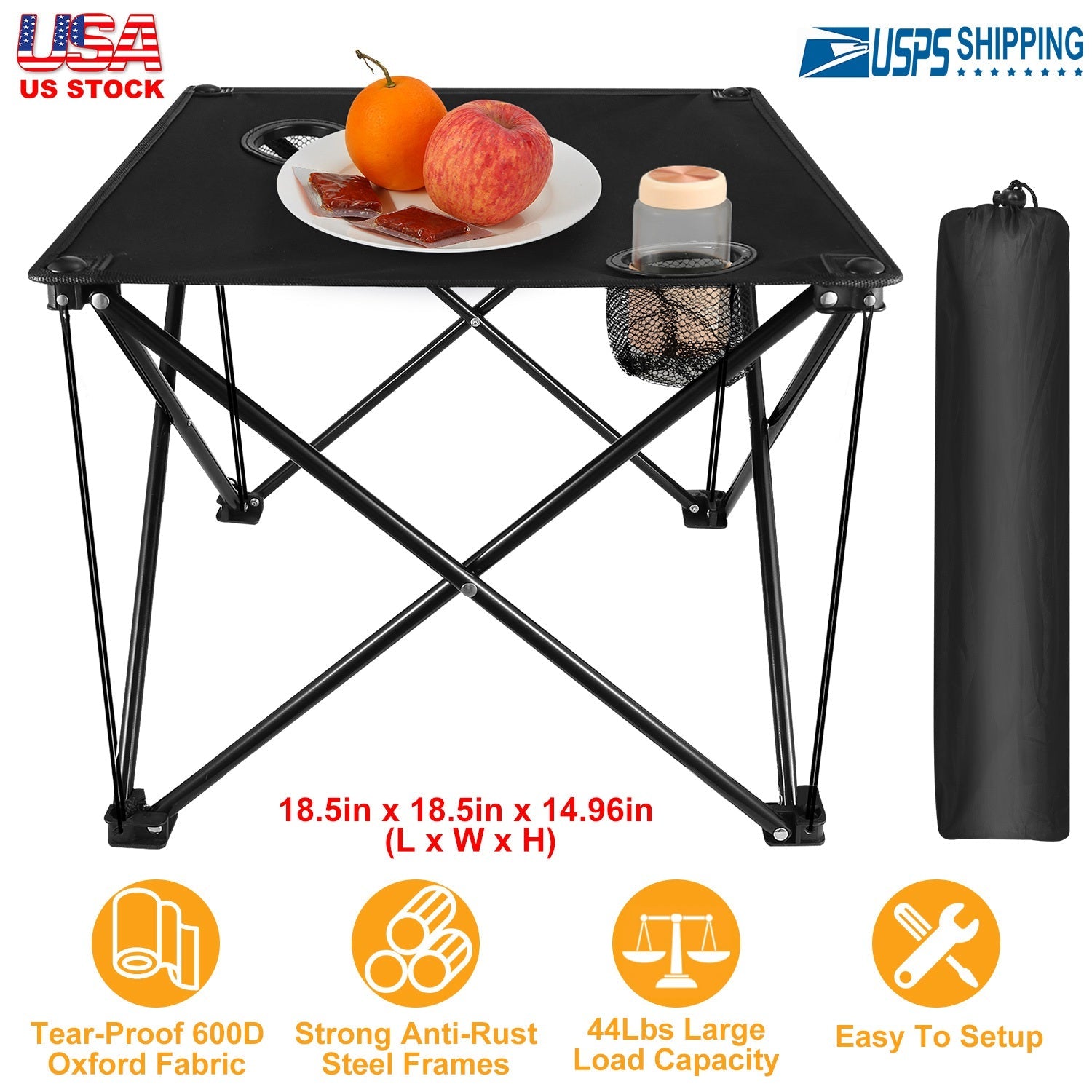 GemGear foldable camping table with black fabric top, 2 cup holders and carrying bag on Tampa Home & Garden Store