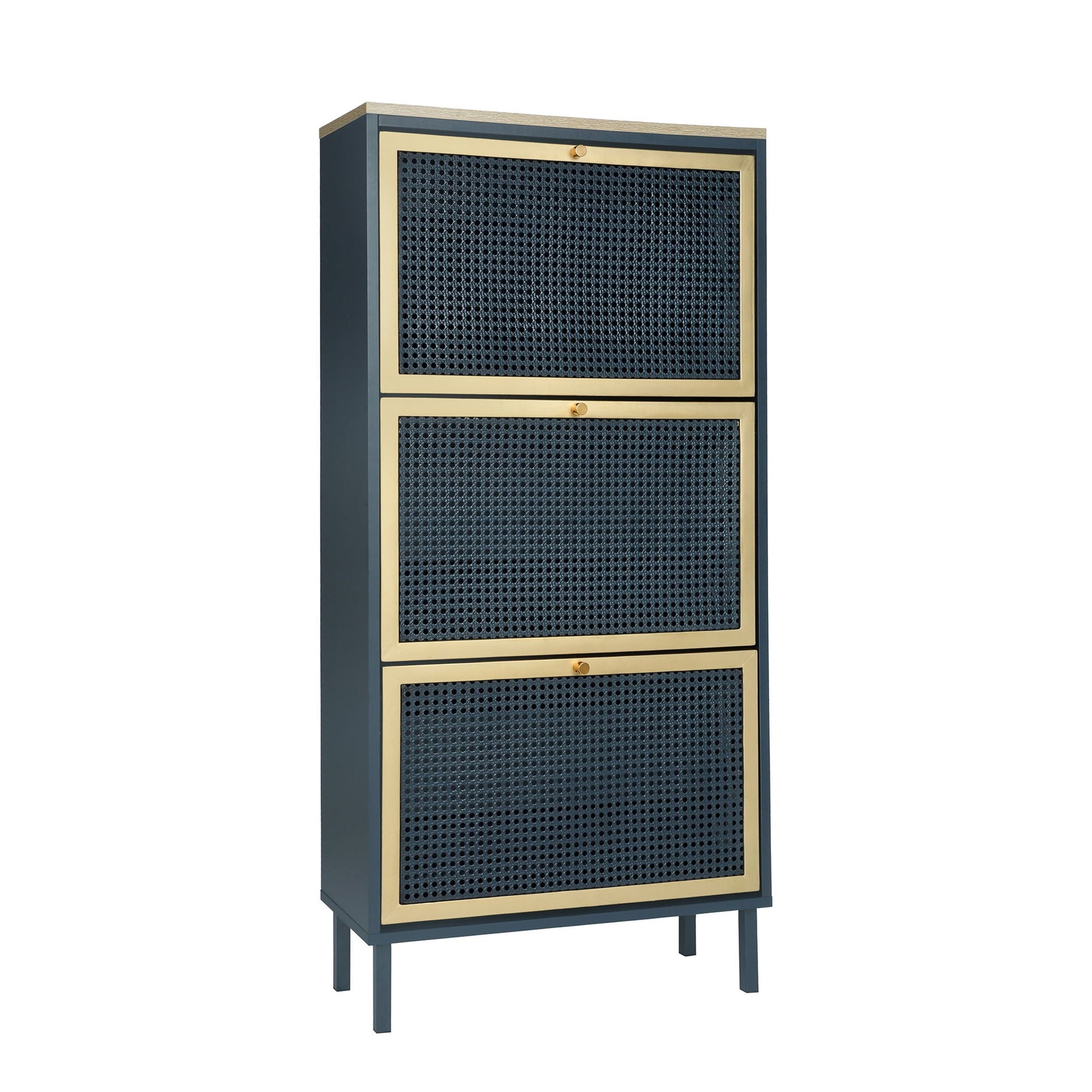 Modern Rattan 3-Door Shoe Cabinet by HouseOfZazla in dark navy with gold trim on Tampa Home & Garden Store