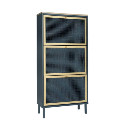 Modern Rattan 3-Door Shoe Cabinet by HouseOfZazla in dark navy with gold trim on Tampa Home & Garden Store
