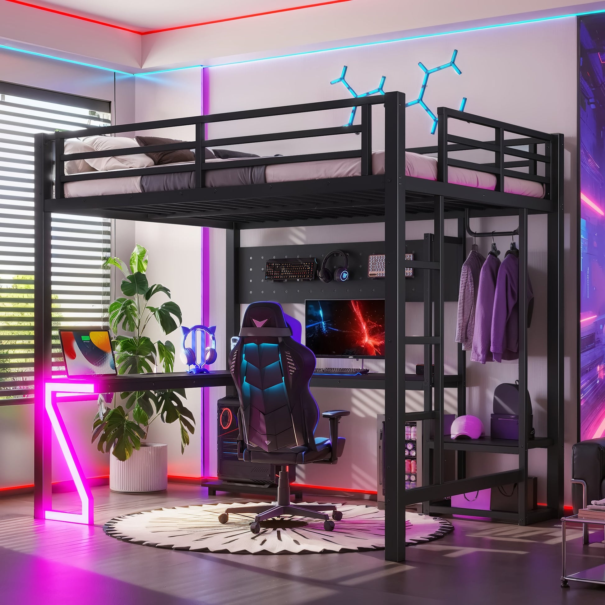 Full loft bed with L-shaped desk in black metal frame; USB ports and RGB gaming setup on Tampa Home & Garden Store