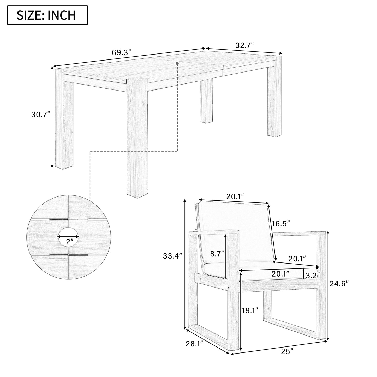 Trexm 7 Piece Acacia Patio Table and 6 Chairs Set