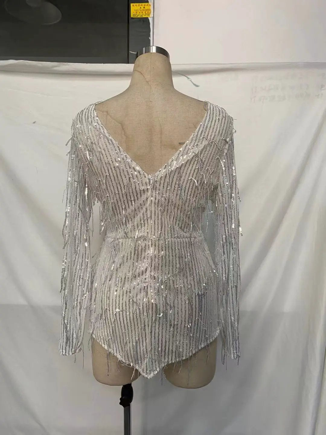 Dress silver sequin with long sleeves and backless V-back knee-length with beads on a mannequin on Tampa Home & Garden Store