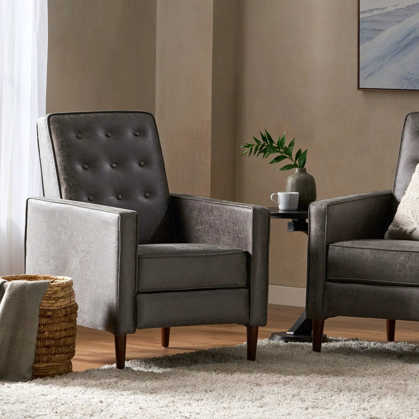 Macedonia - Button Tufted Fabric Recliner - Slate, pair of fabric recliners with wood legs on Tampa Home & Garden Store