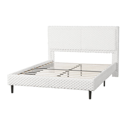 Upholstered bench bed in white woven fabric with black legs and slatted base on Tampa Home & Garden Store