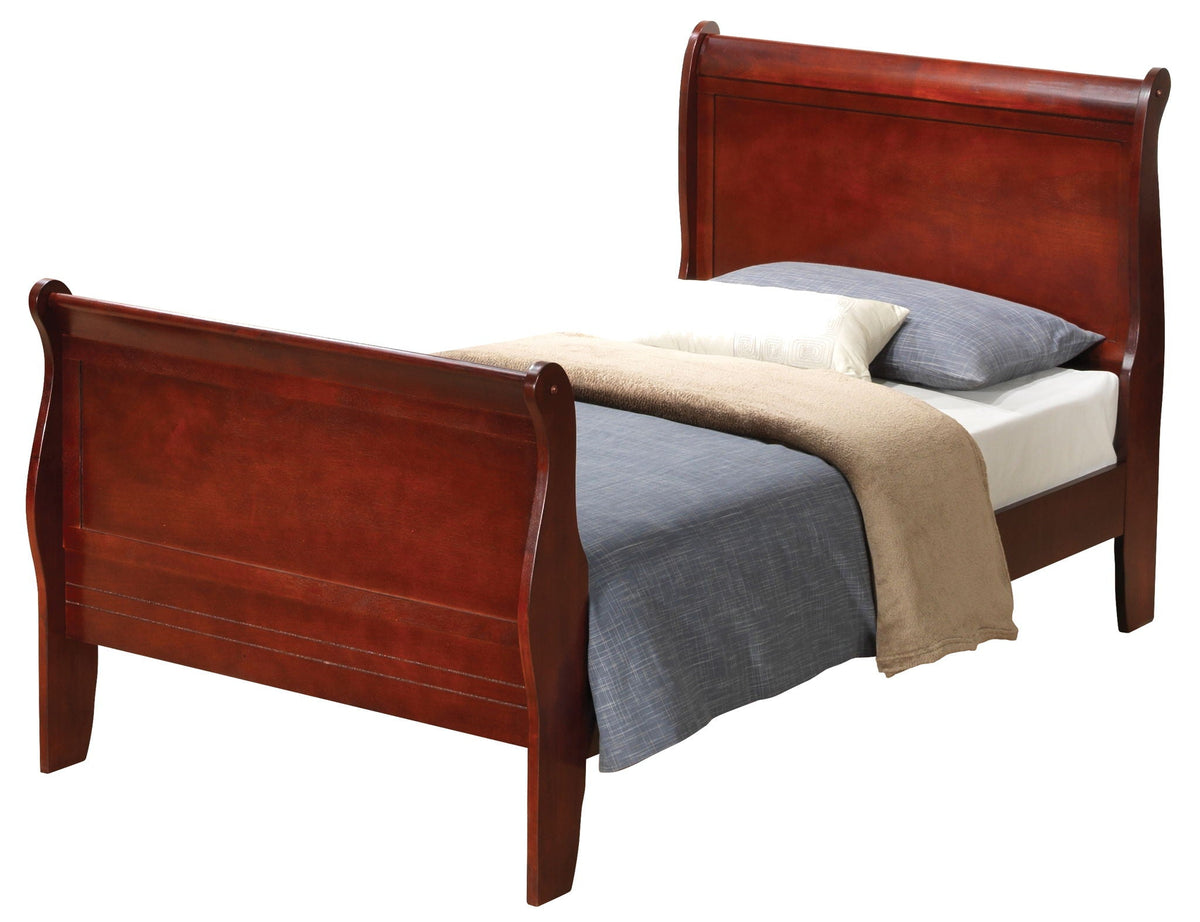 Panel Sleigh Bed by HouseOfZazla in dark cherry with curved headboard and footboard blue bedding on Tampa Home & Garden Store