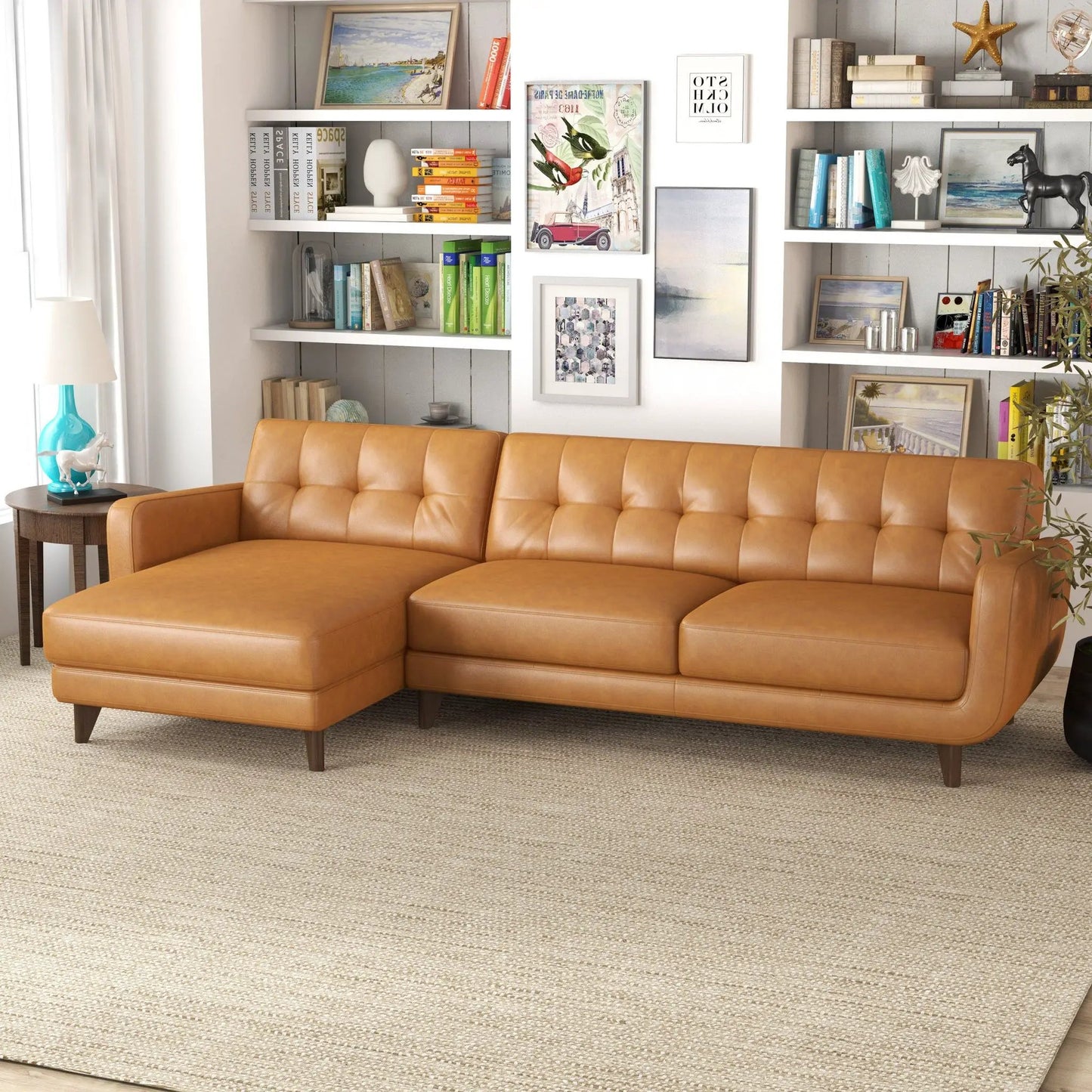 Allison mid-century modern stationary sectional sofa chaise in tan leather on Tampa Home & Garden Store