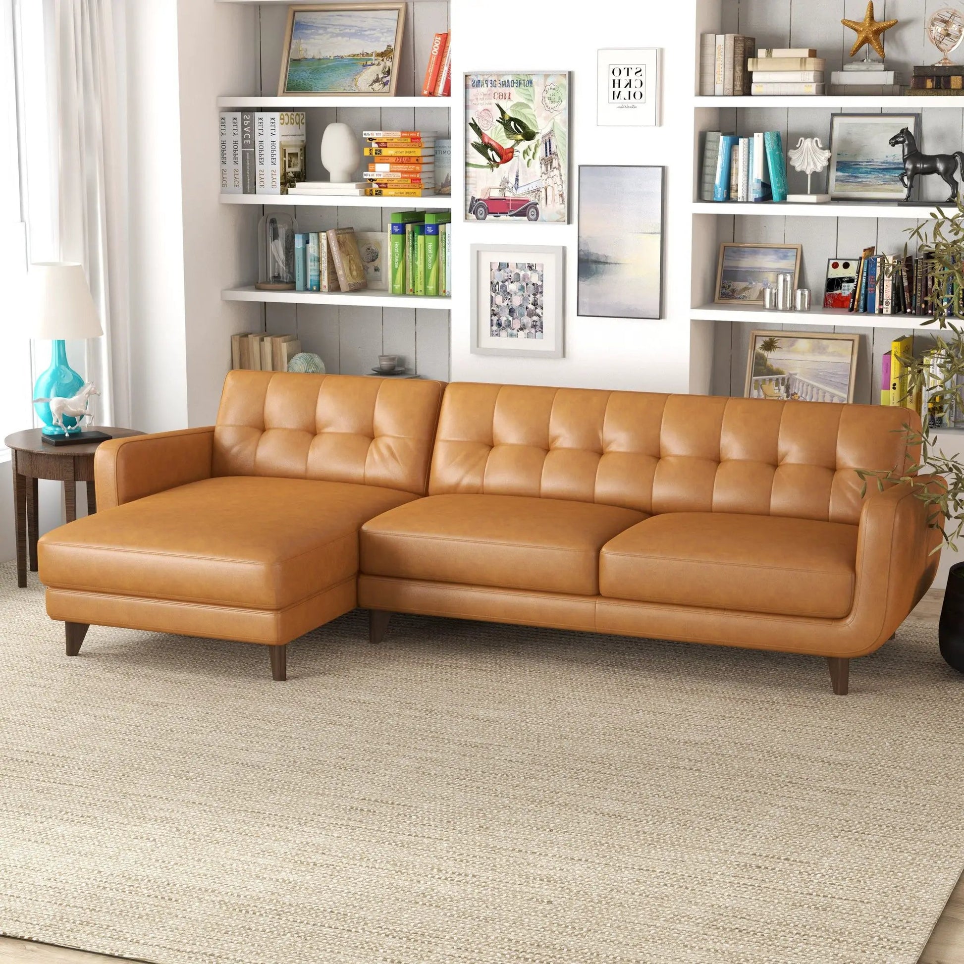 Allison mid-century modern stationary sectional sofa chaise in tan leather on Tampa Home & Garden Store