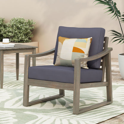 Samwell Outdoor Club Chair by HouseOfZazla with slate blue cushions and weathered wood frame on Tampa Home & Garden Store