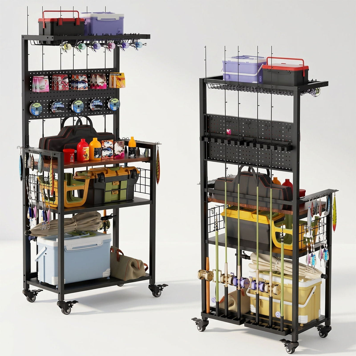 2x Fishing Rod Storage Rack with Pegboard and Cart by HouseOfZazla, black steel cart on Tampa Home & Garden Store