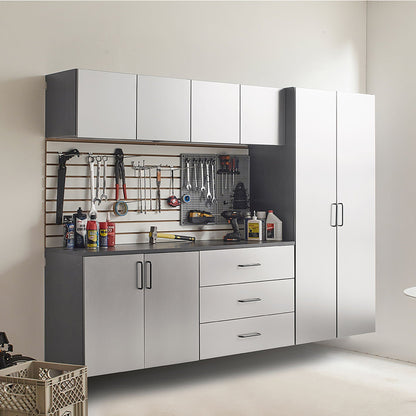 Metallic gray garage cabinet set with soft-closing drawers and white cabinet doors on Tampa Home & Garden Store