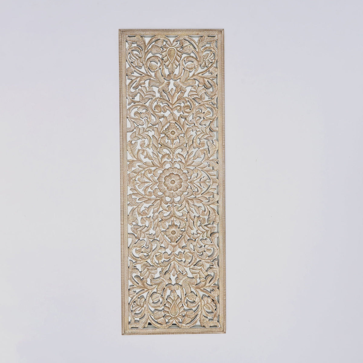 Floral hand carved mandala rectangle wall decor in antique brown white with mirror insert on Tampa Home & Garden Store