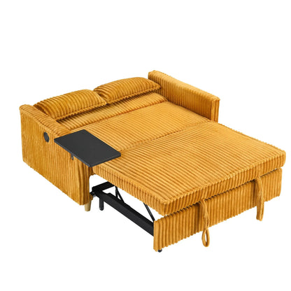 Pull Out Sofa Sleeper with movable table in orange corduroy by Unique Piece Furniture on Tampa Home & Garden Store