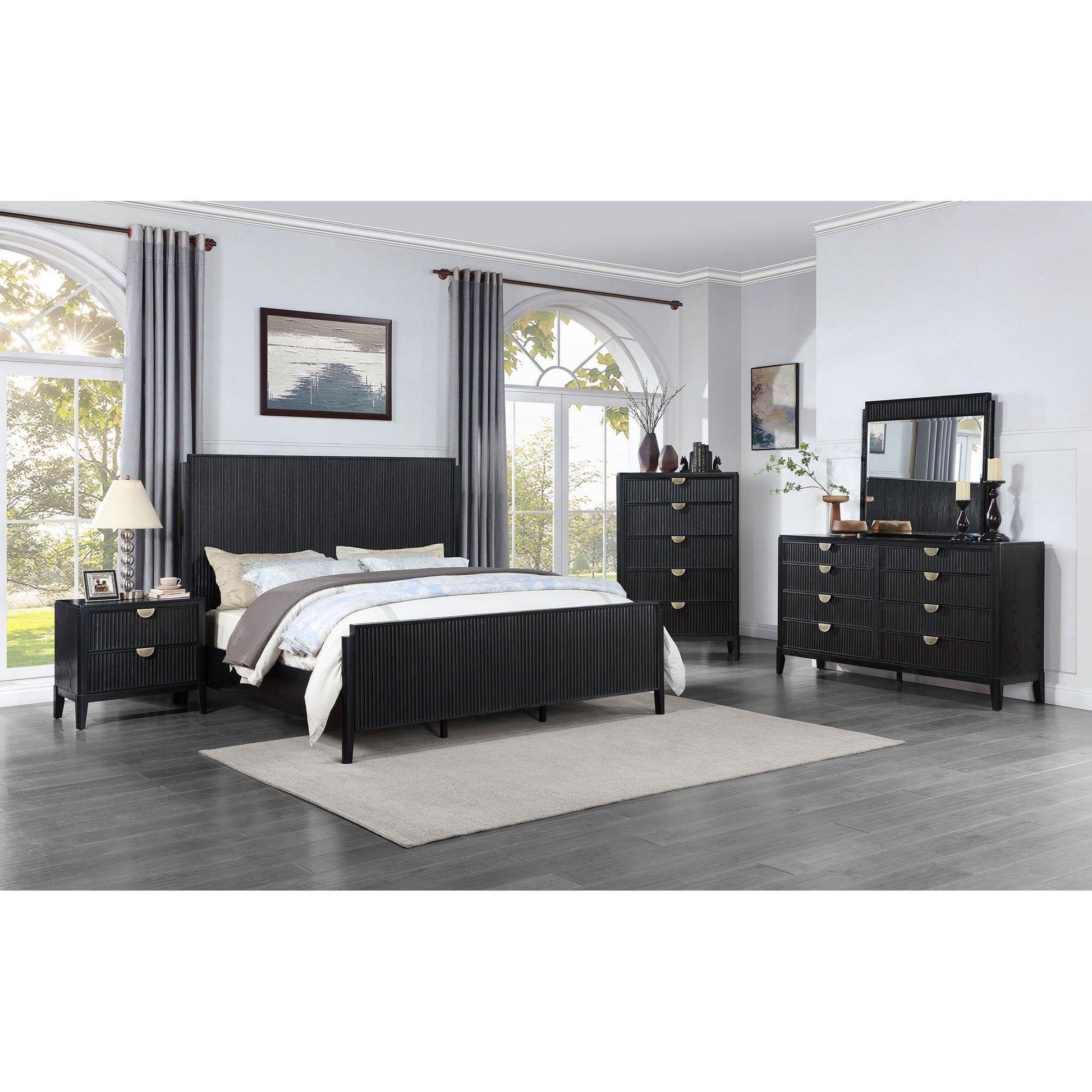 Mason panel bed by HouseOfZazla in black ribbed finish with matching nightstands and dressers on Tampa Home & Garden Store