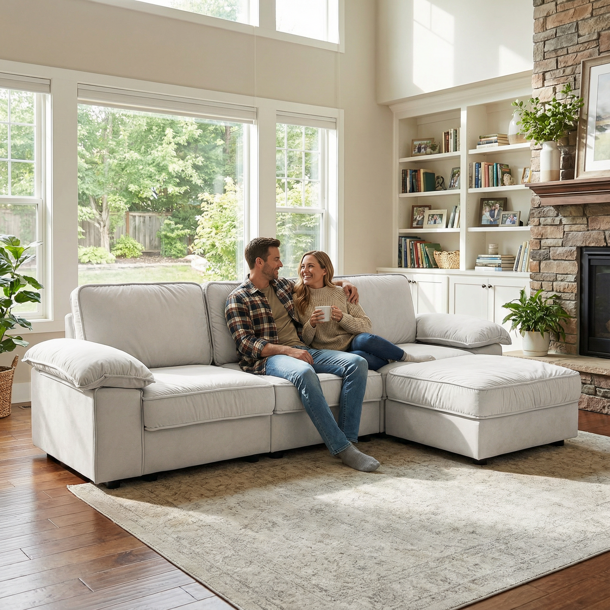 Modern L-shaped sectional sofa with ottoman in light gray fabric by HouseOfZazla on Tampa Home & Garden Store