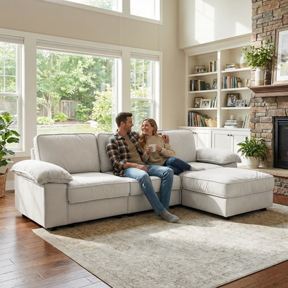 Modern L-shaped sectional sofa with ottoman in light gray fabric by HouseOfZazla on Tampa Home & Garden Store