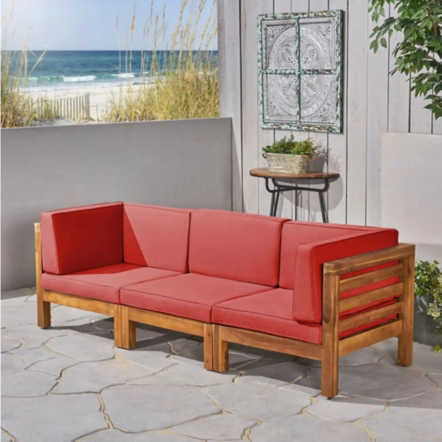 Oana 3-piece Sofa Set with Water Resistant Cushions, red outdoor seating on a wooden frame on Tampa Home & Garden Store