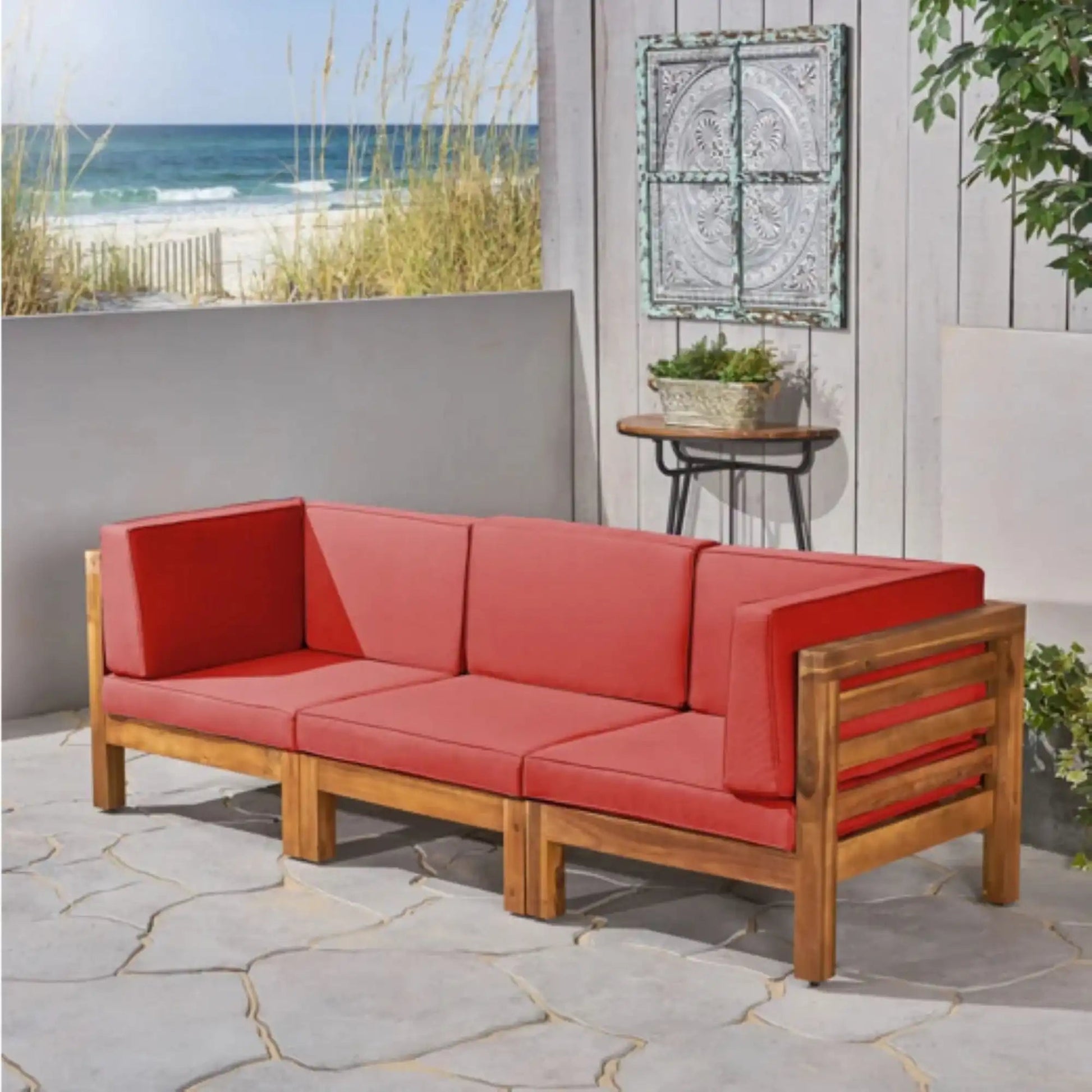 Oana 3-piece Sofa Set with Water Resistant Cushions, red outdoor seating on a wooden frame on Tampa Home & Garden Store