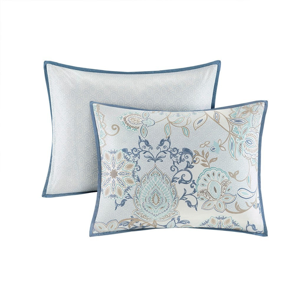 8 Piece Cotton Floral Printed Reversible Comforter Set Blue decorative pillows with blue piping on Tampa Home & Garden Store