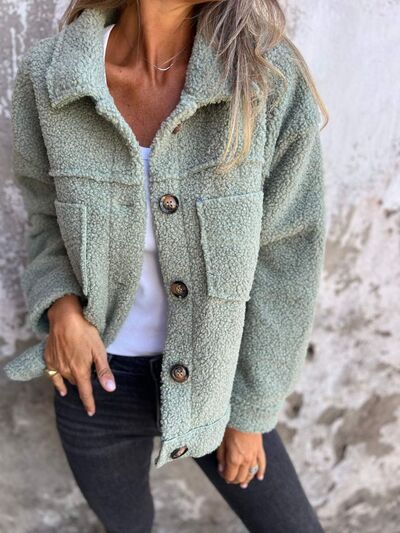 Comfortable Women Fuzzy Button-Up Jacket by Stevvex mint green with drop shoulders and pockets on Tampa Home & Garden Store