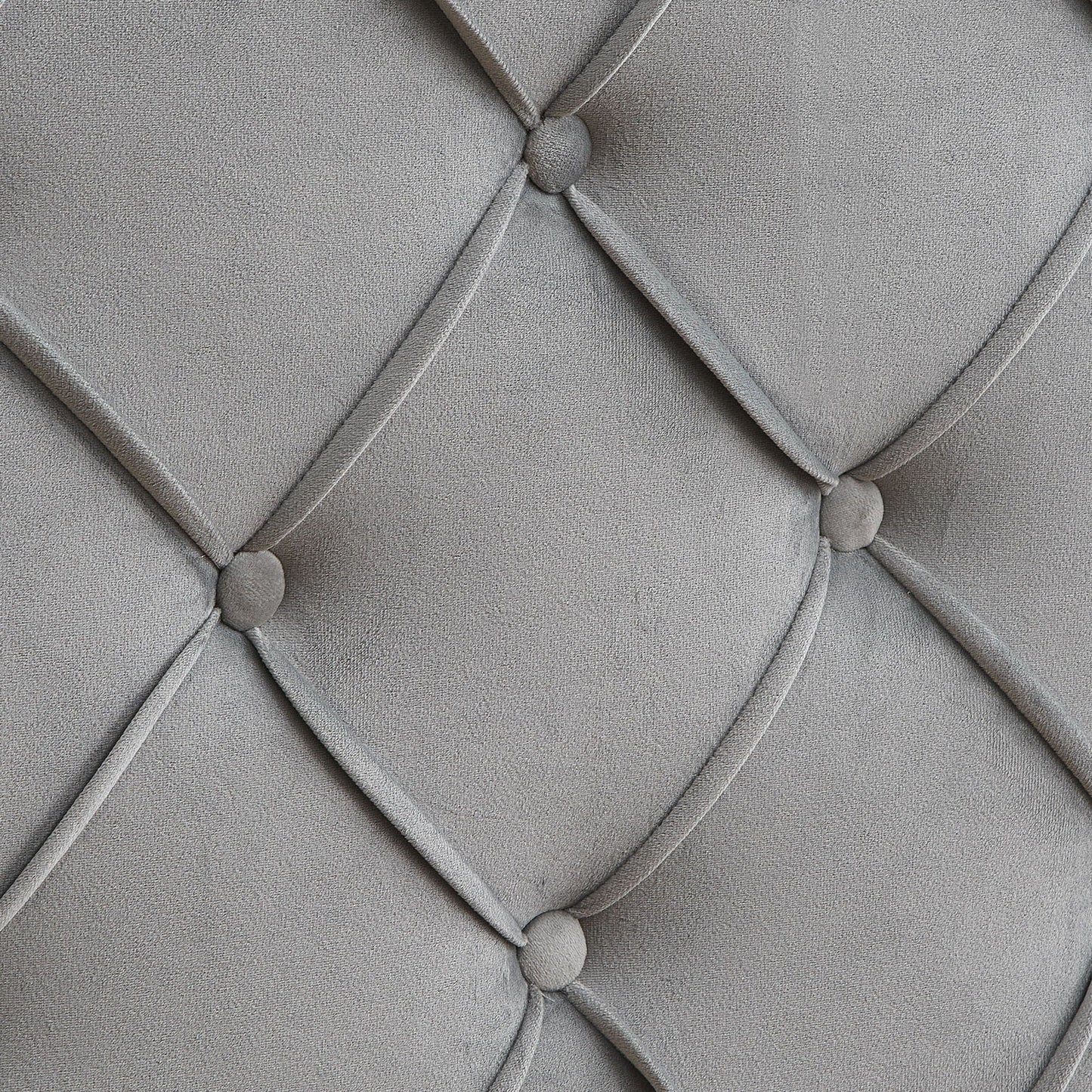 Queen platform bed gray upholstery close-up with button tufting and diamond pattern piping on Tampa Home & Garden Store