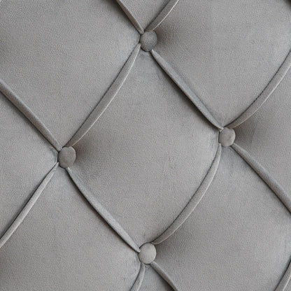 Queen platform bed gray upholstery close-up with button tufting and diamond pattern piping on Tampa Home & Garden Store
