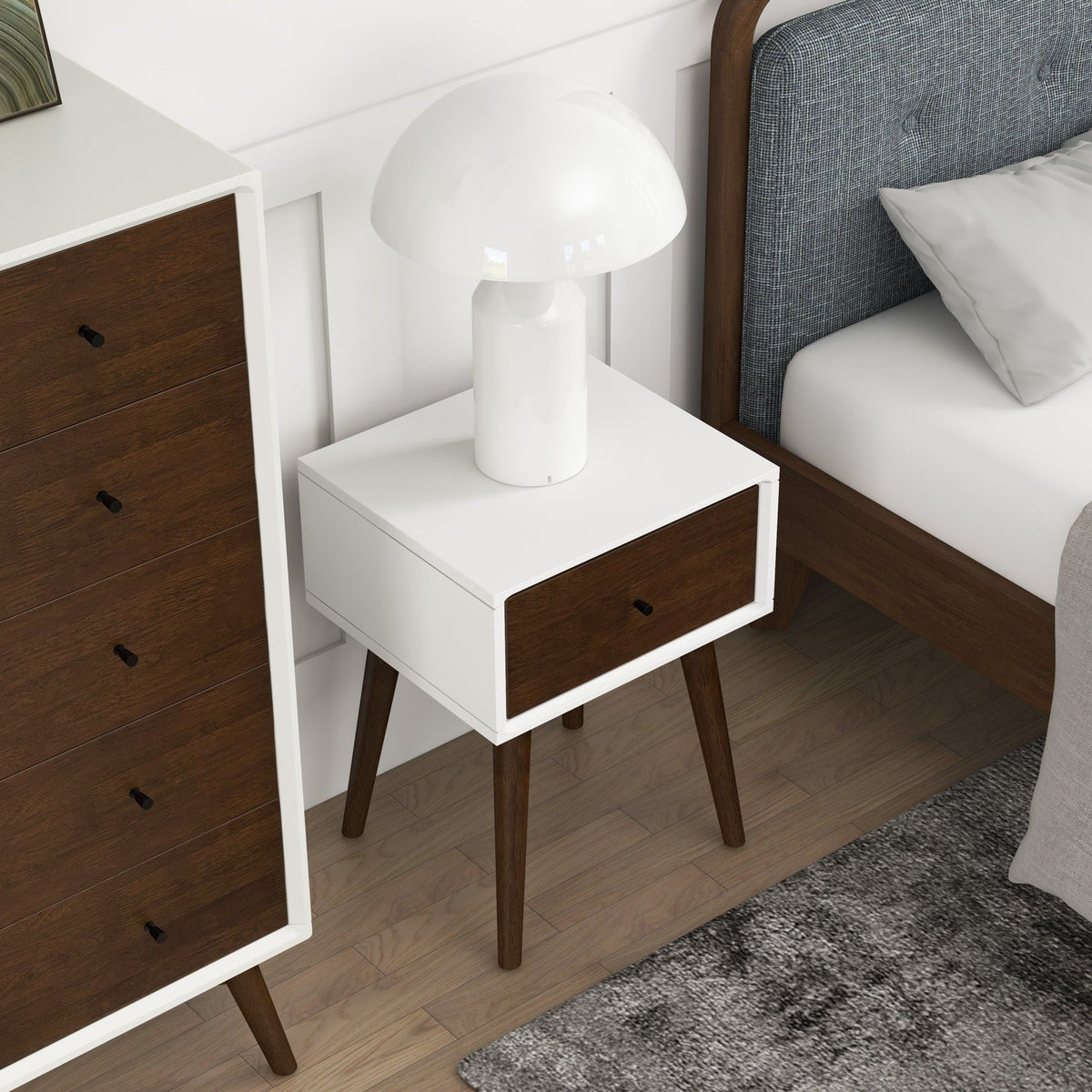Modern design night stand with white frame, dark brown wood drawer front, open lower shelf on Tampa Home & Garden Store