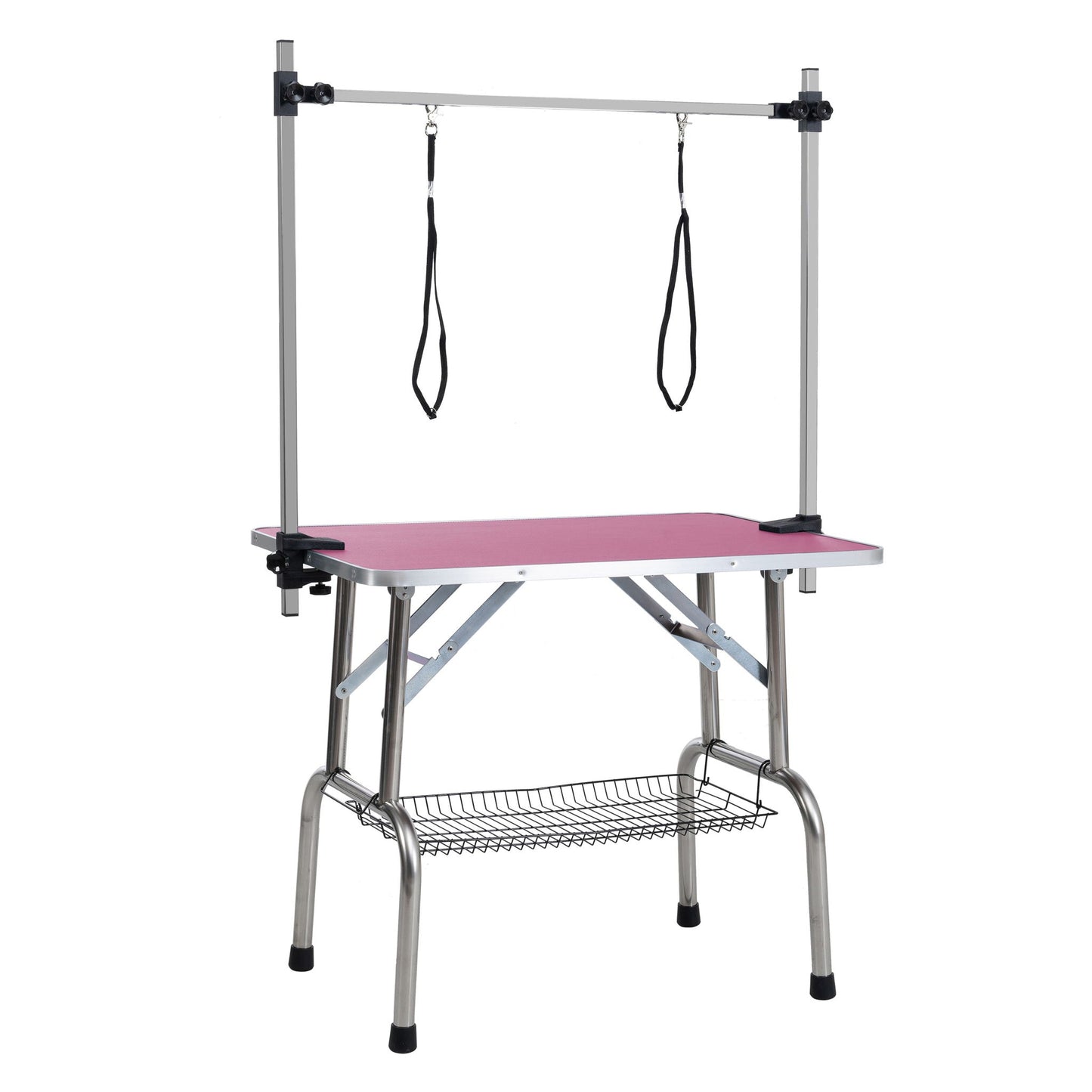 Folding pet grooming table pink mat with stainless steel frame and adjustable arms on Tampa Home & Garden Store
