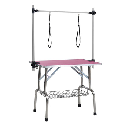 Folding pet grooming table pink mat with stainless steel frame and adjustable arms on Tampa Home & Garden Store