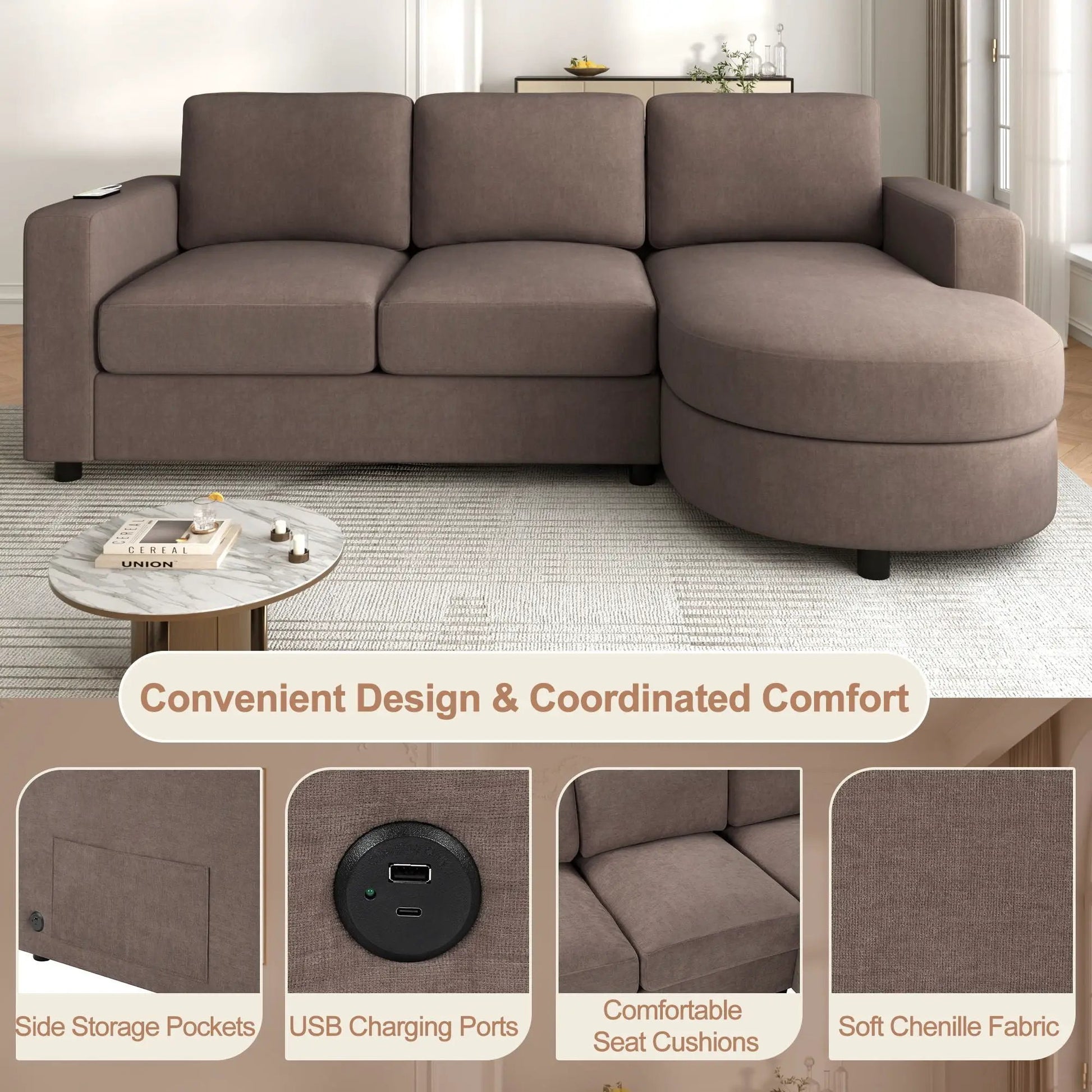 Modern L-shaped sectional with curved chaise in brown chenille fabric, USB ports, and pockets on Tampa Home & Garden Store