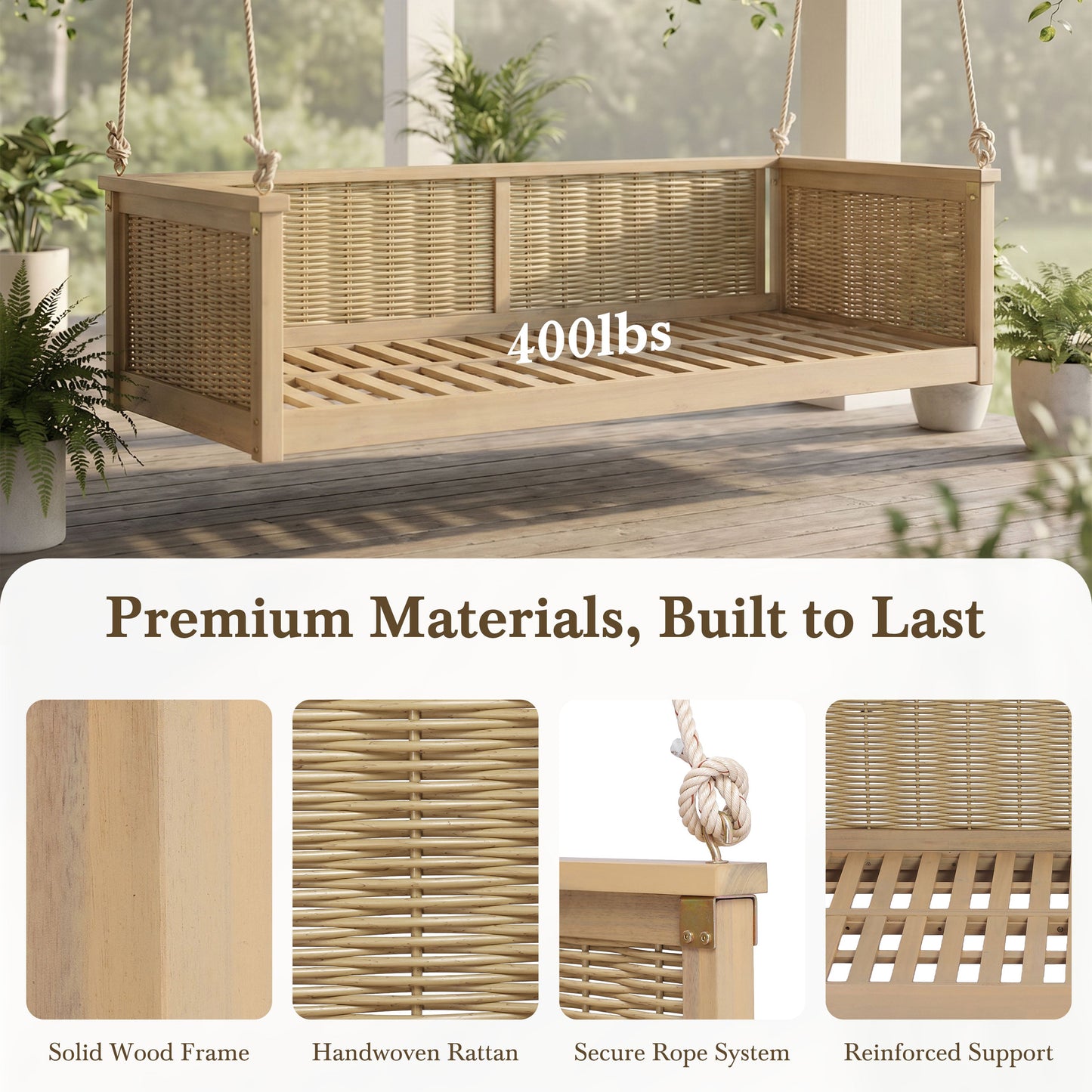 Classic Outdoor Acacia Wood Twin Swing Bed for Porch
