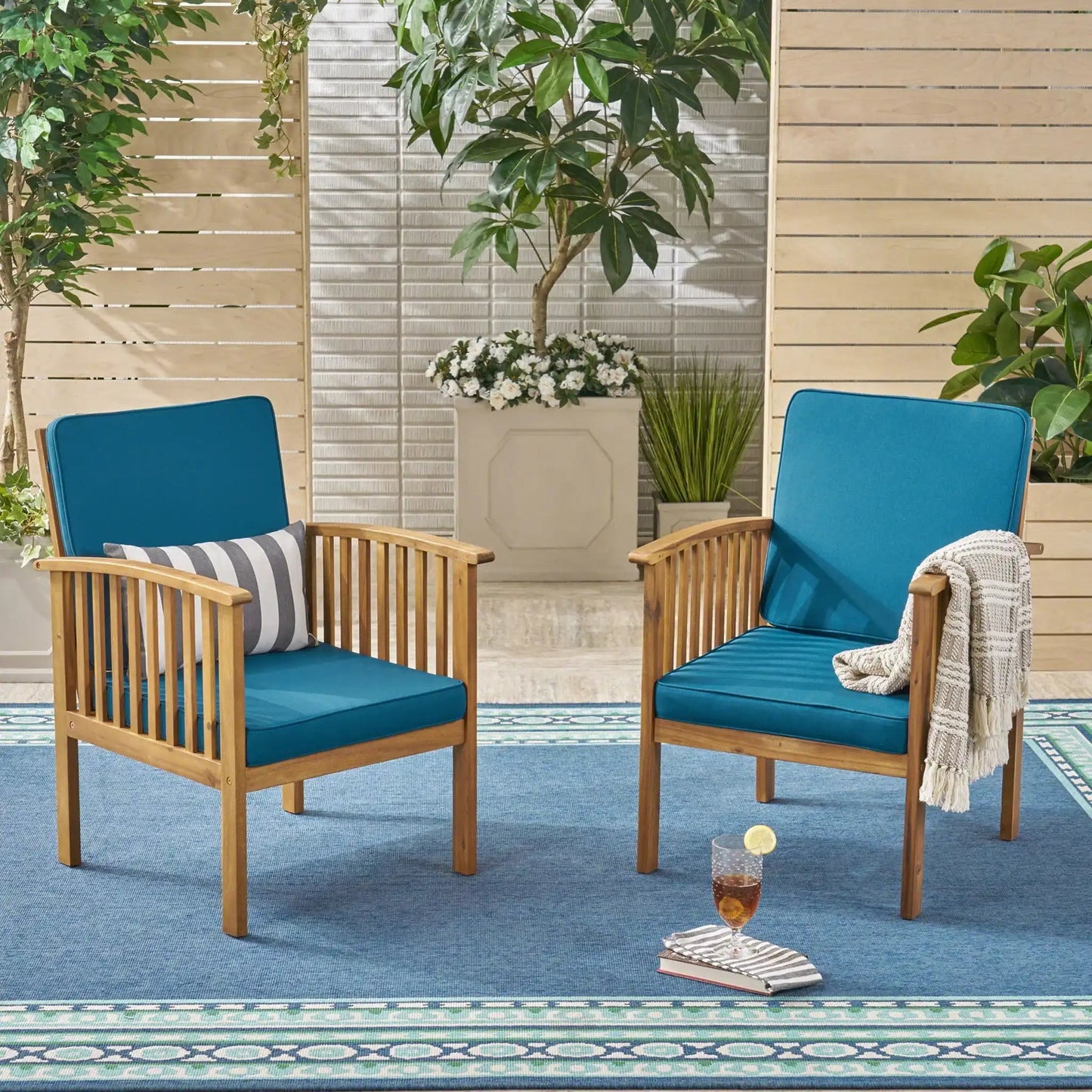 Casa Acacia Club Chair coastal outdoor seating, 2 wooden armchairs with blue cushions on Tampa Home & Garden Store