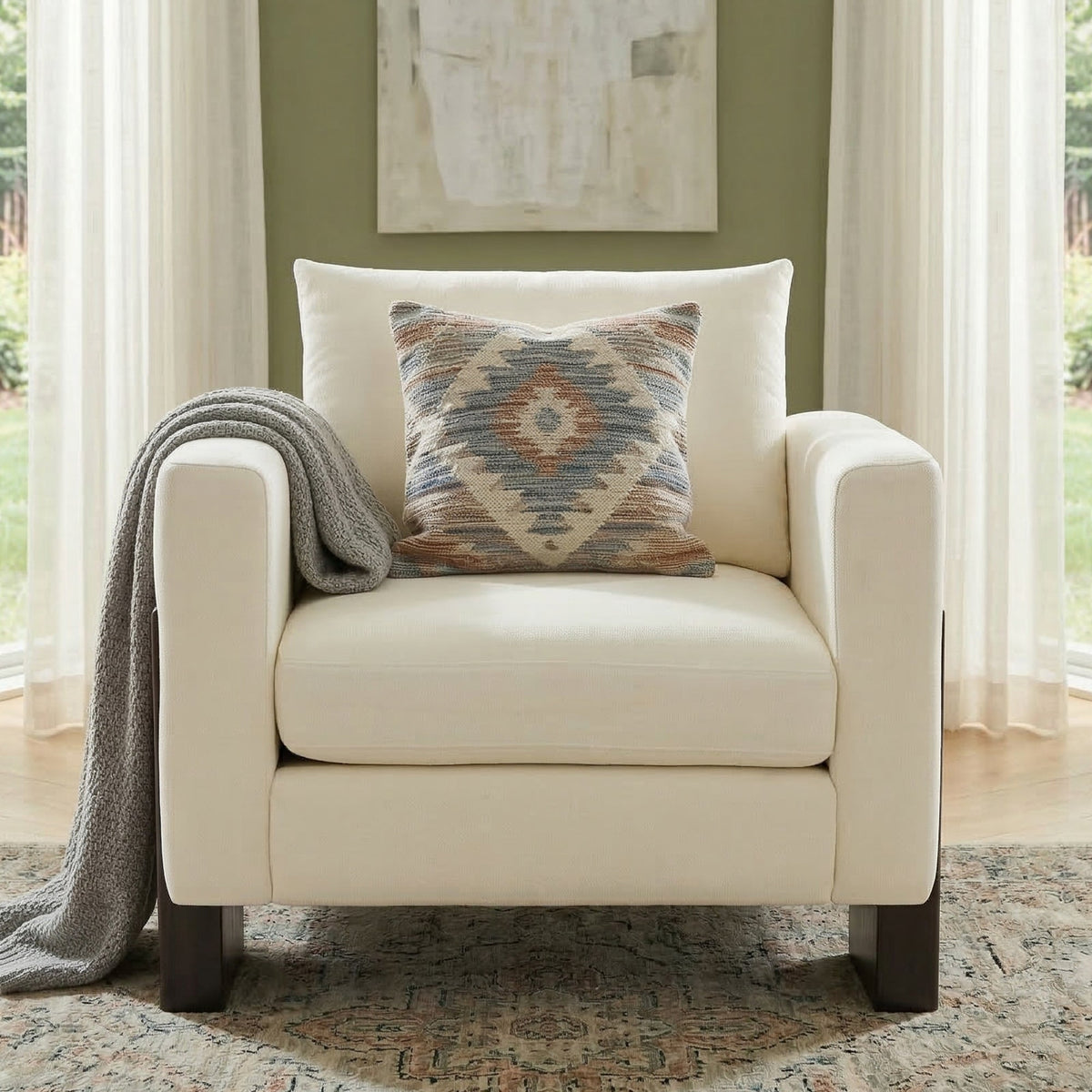 Modern Accent Chair by HouseOfZazla cream fabric with dark rubberwood legs and knit throw on Tampa Home & Garden Store