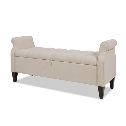 Jacqueline Tufted Roll-Arm Storage Bench beige by HouseOfZazla with dark wood legs on Tampa Home & Garden Store