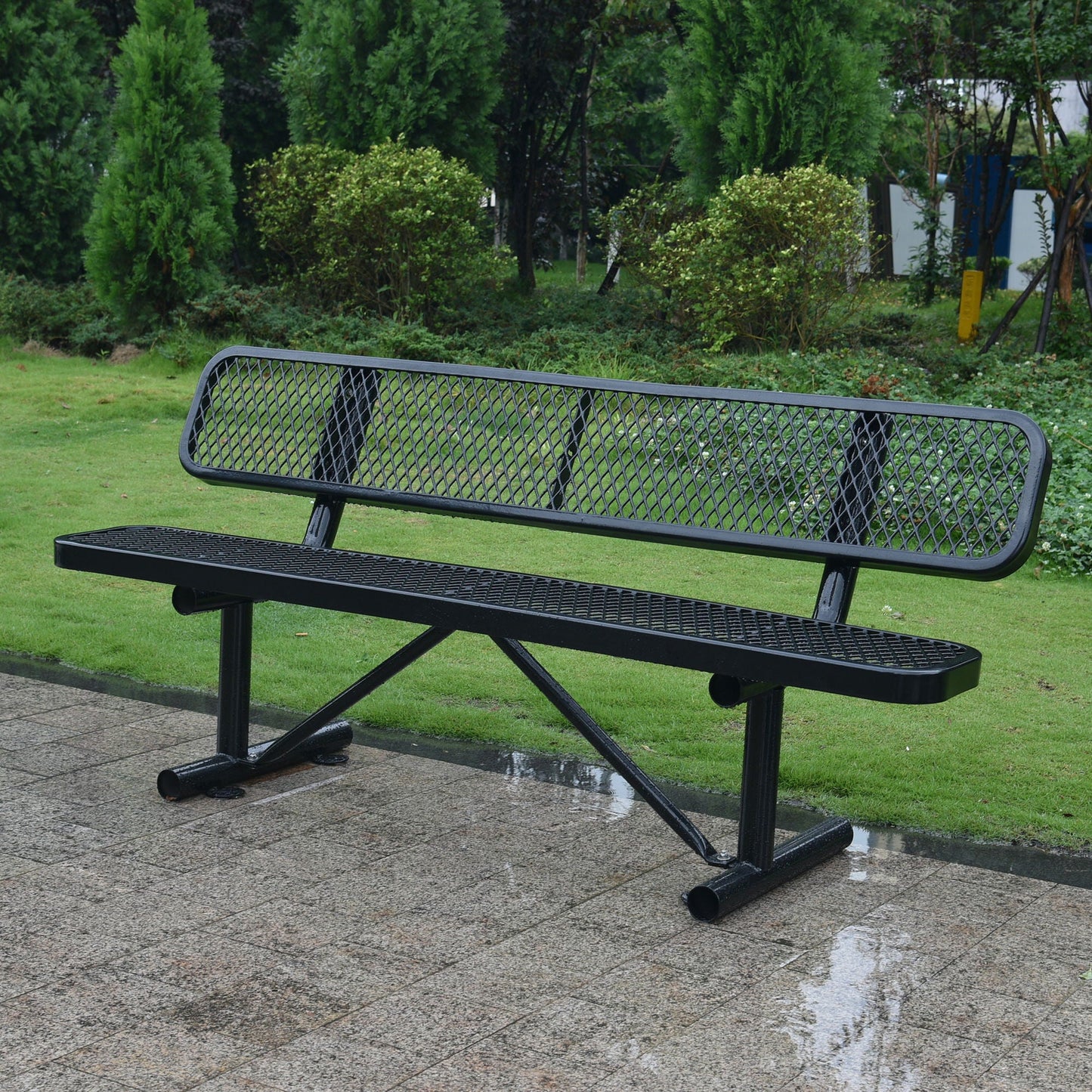 6' outdoor steel bench with backrest by HouseOfZazla, black powder-coated metal on Tampa Home & Garden Store