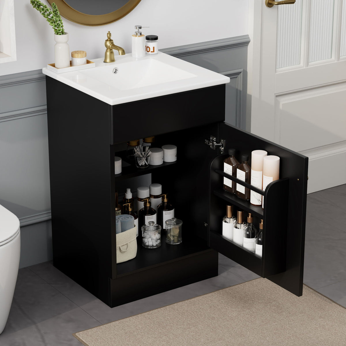 Bathroom vanity with sink, black cabinet, white countertop, adjustable shelf and brass faucet on Tampa Home & Garden Store