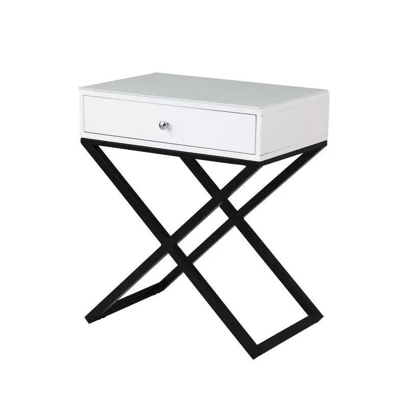Koda end side table nightstand with drawer, white body, glass top, black cross base on Tampa Home & Garden Store