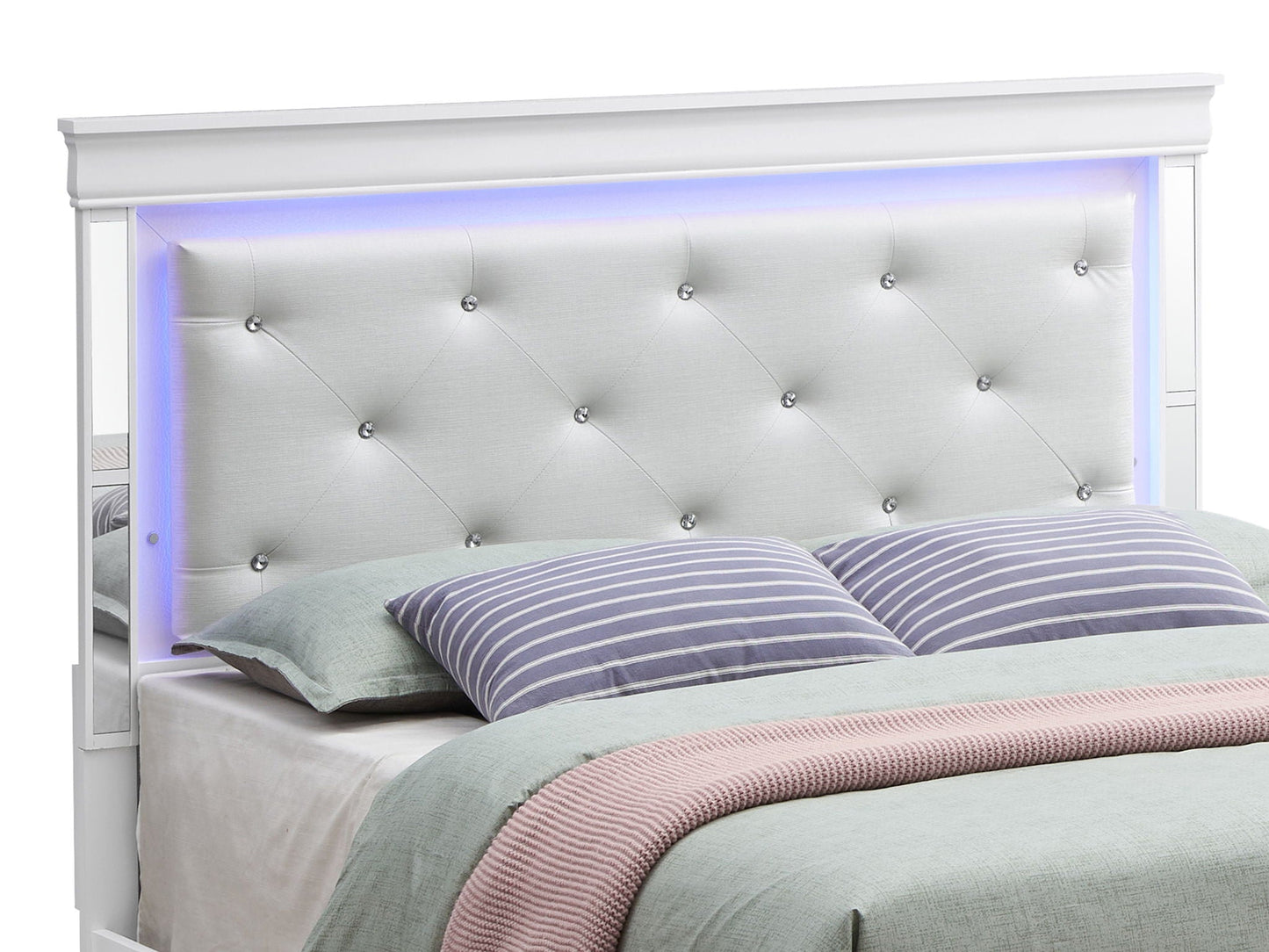 Bed with LED light accents headboard, tufted silver upholstery, blue glow HouseOfZazla on Tampa Home & Garden Store
