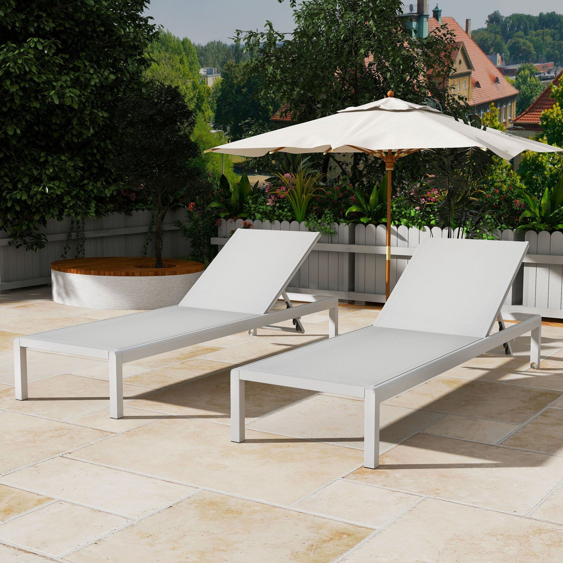 HouseOfZazla outdoor chaise lounges, white metal frames, 5-position recline, 2 loungers on Tampa Home & Garden Store