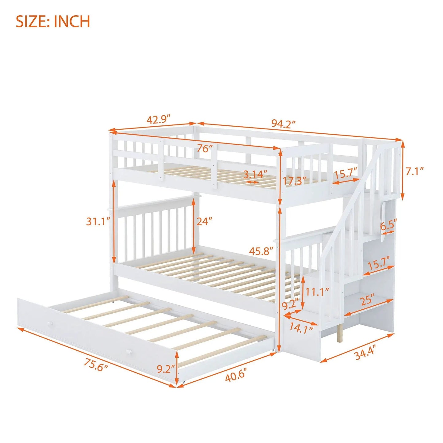 Stairway Bunk Bed with Storage and Guard Rail