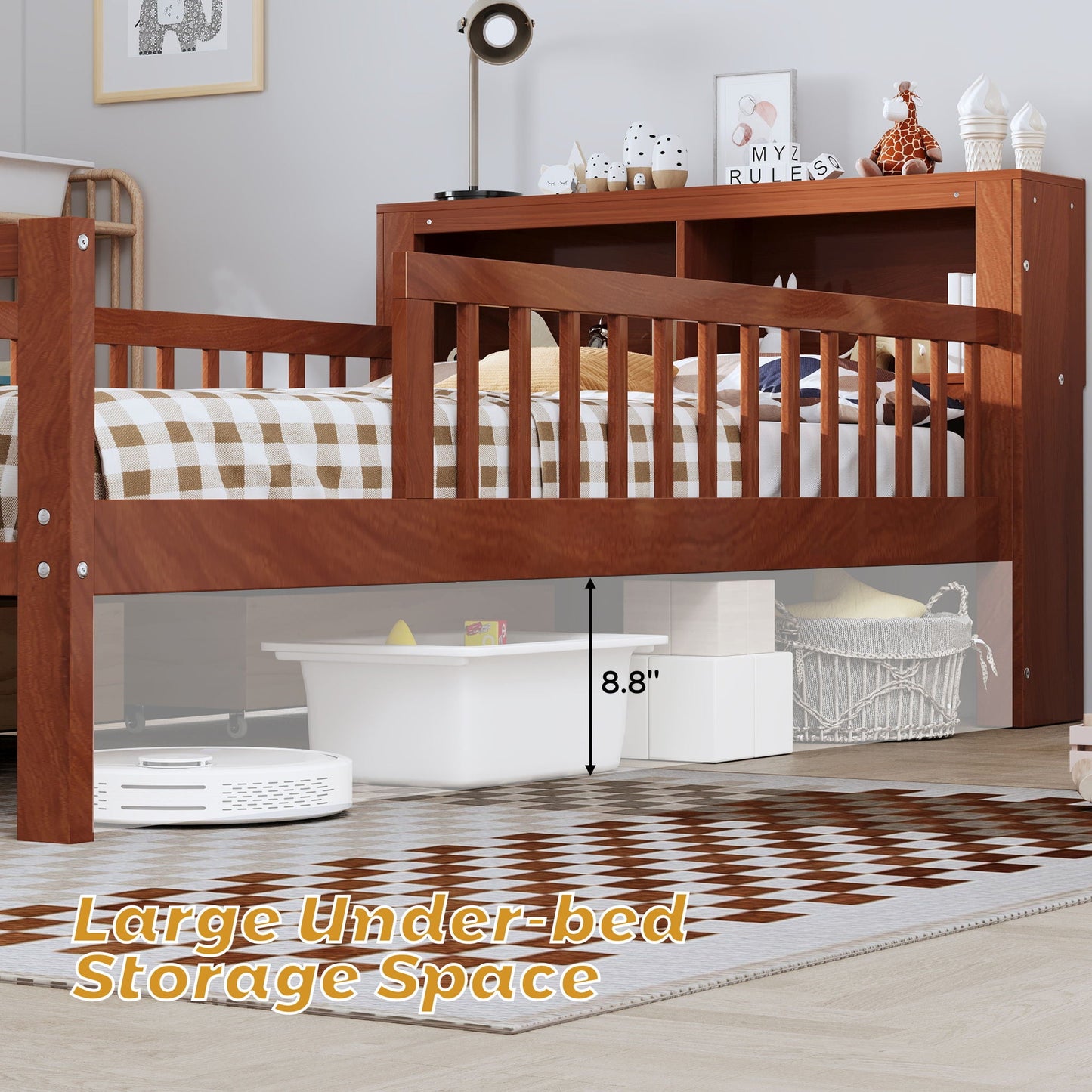 Wooden bed frame with headboard storage rack and two under-bed drawers in brown on Tampa Home & Garden Store