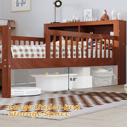 Wooden bed frame with headboard storage rack and two under-bed drawers in brown on Tampa Home & Garden Store