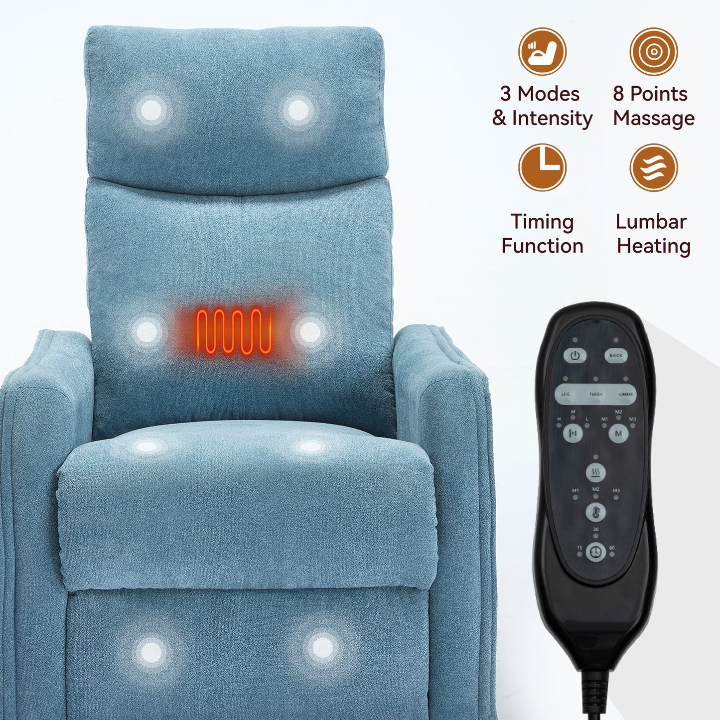 Heat massage manual recliner chair in blue fabric with remote control on Tampa Home & Garden Store