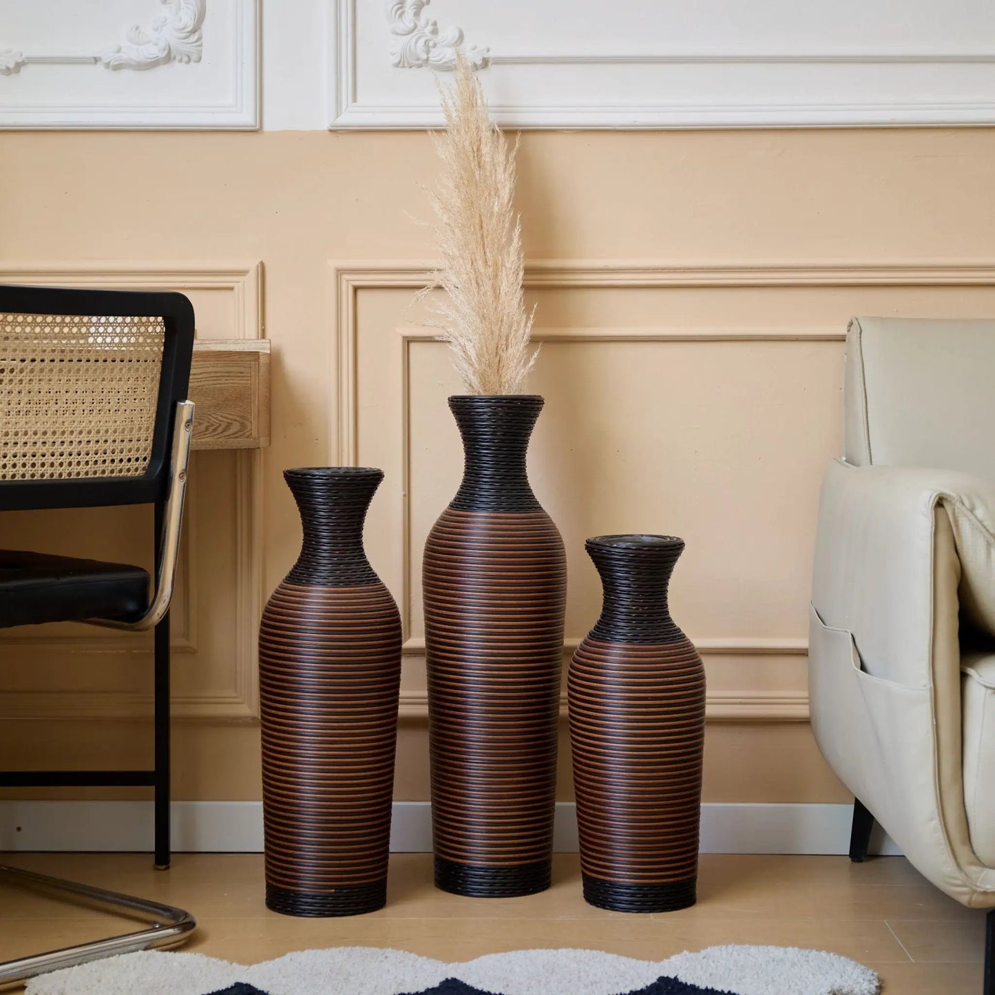 Floor vase set of 3 in dark brown woven finish with stripes; tallest contains pampas grass on Tampa Home & Garden Store