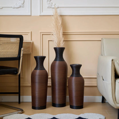 Floor vase set of 3 in dark brown woven finish with stripes; tallest contains pampas grass on Tampa Home & Garden Store