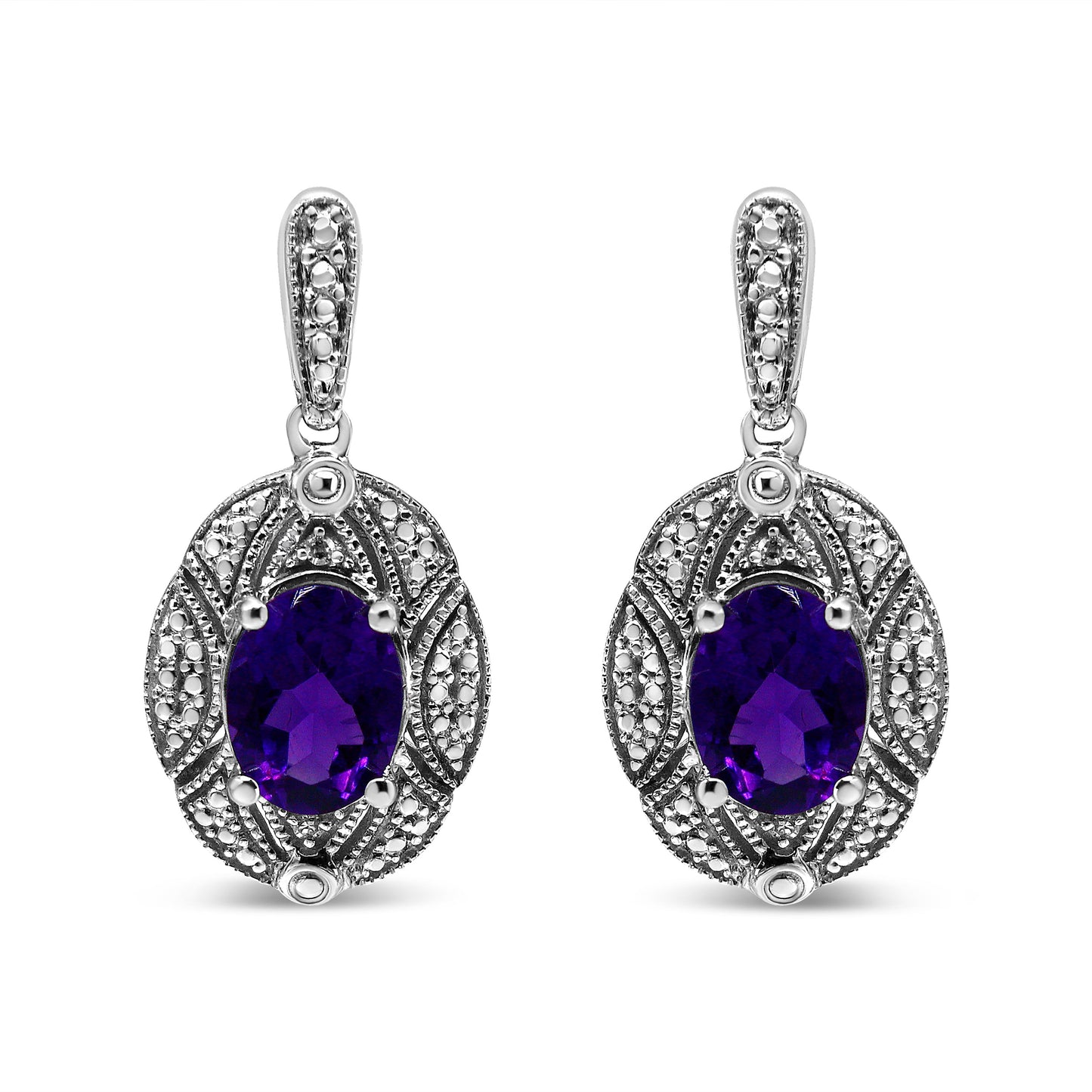 Pair of sterling silver amethyst drop earrings with diamond accents, purple oval 8x6mm on Tampa Home & Garden Store