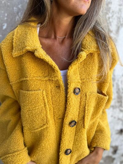 Comfortable Modern Women Fuzzy Button-Up Jacket Stevvex mustard yellow sherpa with pockets on Tampa Home & Garden Store